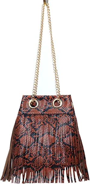 Women Bucket Handbag Snakeskin Tassel PU Leather Chain Crossbody Bag (Yellow)