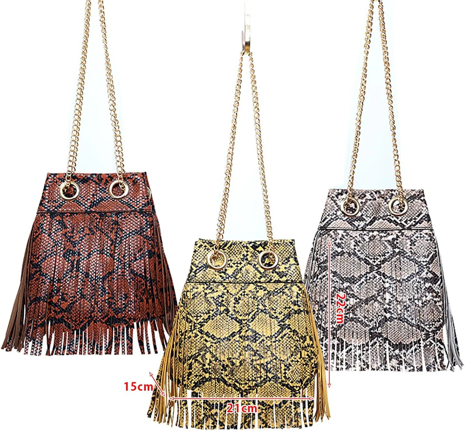 Women Bucket Handbag Snakeskin Tassel PU Leather Chain Crossbody Bag (Yellow)