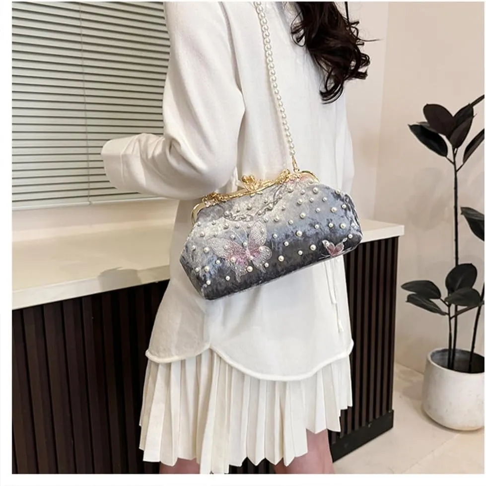 Women Butterfly Embroidery Clutch Purse Pearl Evening Handbag with Chain Top Handle Party Wedding Evening Clutch