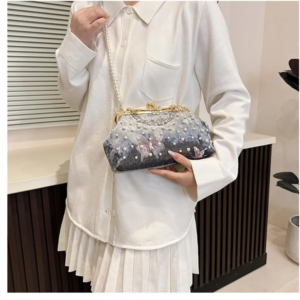 Women Butterfly Embroidery Clutch Purse Pearl Evening Handbag with Chain Top Handle Party Wedding Evening Clutch