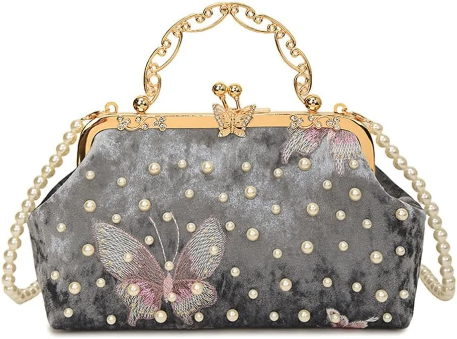 Women Butterfly Embroidery Clutch Purse Pearl Evening Handbag with Chain Top Handle Party Wedding Evening Clutch