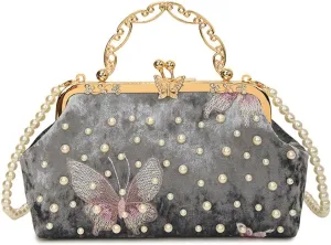 Women Butterfly Embroidery Clutch Purse Pearl Evening Handbag with Chain Top Handle Party Wedding Evening Clutch