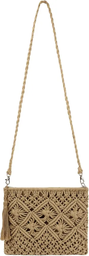 Women Crochet Shoulder Bag Handmade Woven Beach Crossbody Handbag Satchel Purse with Tassel for Summer
