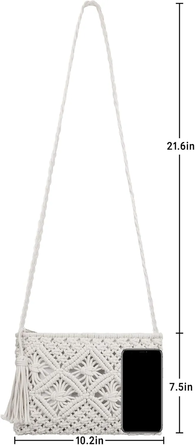 Women Crochet Shoulder Bag Handmade Woven Beach Crossbody Handbag Satchel Purse with Tassel for Summer