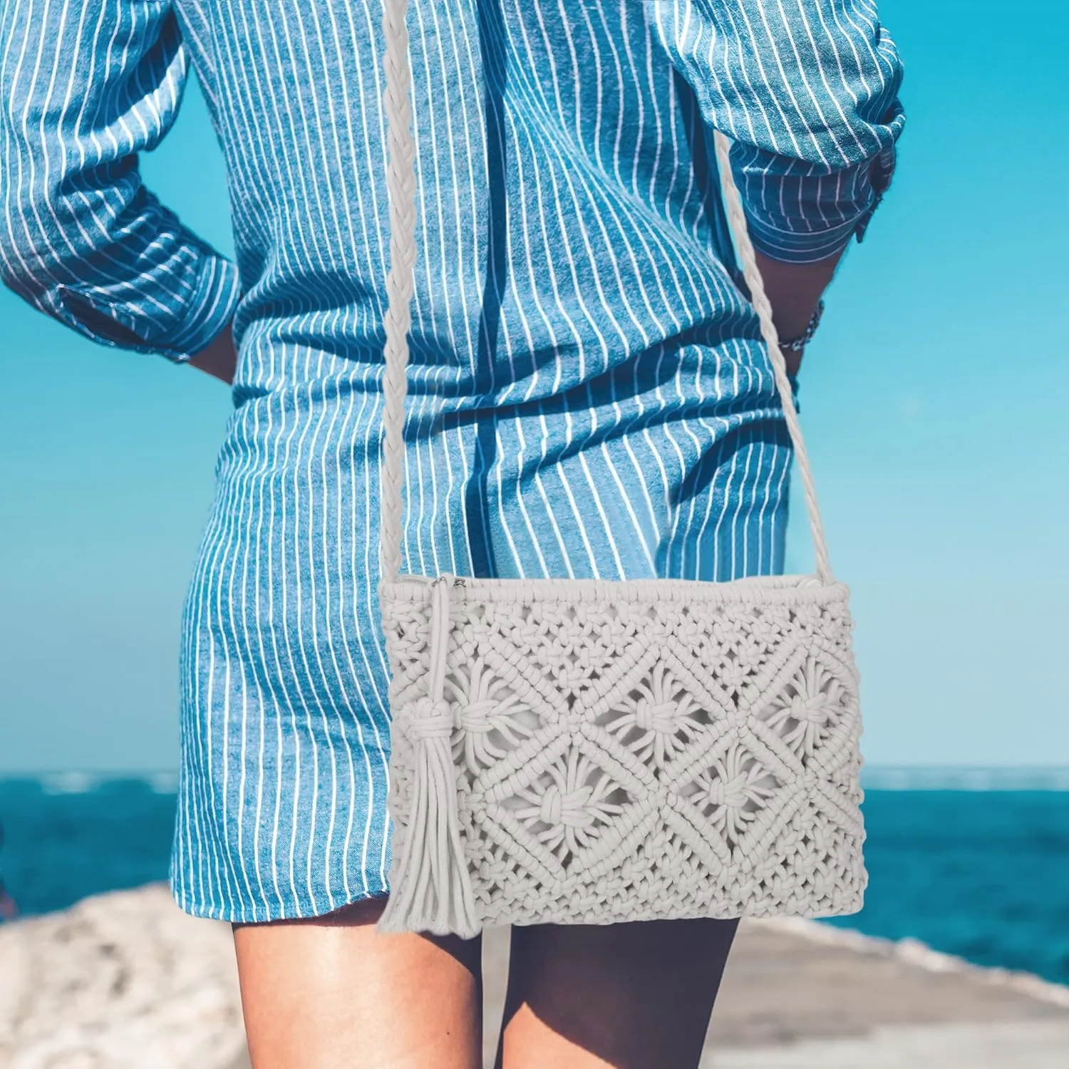 Women Crochet Shoulder Bag Handmade Woven Beach Crossbody Handbag Satchel Purse with Tassel for Summer