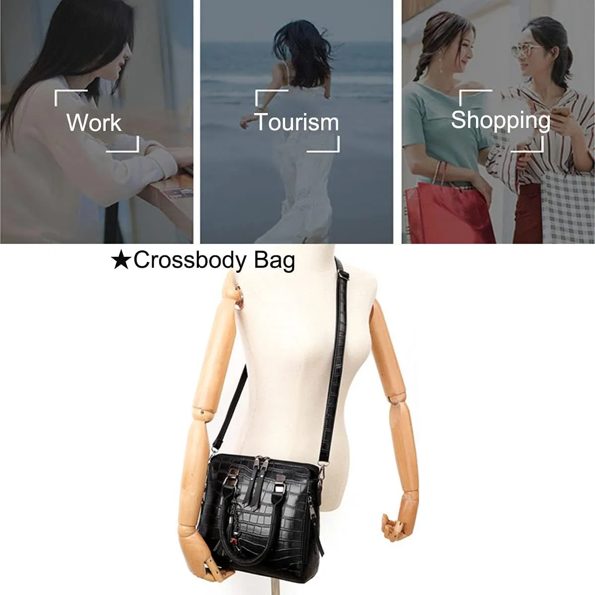 Women Fashion Handbags Tassel Pendant Wallet Tote Bag Shoulder Bag Top Handle Satchel Purse Set 4pcs(Blue)
