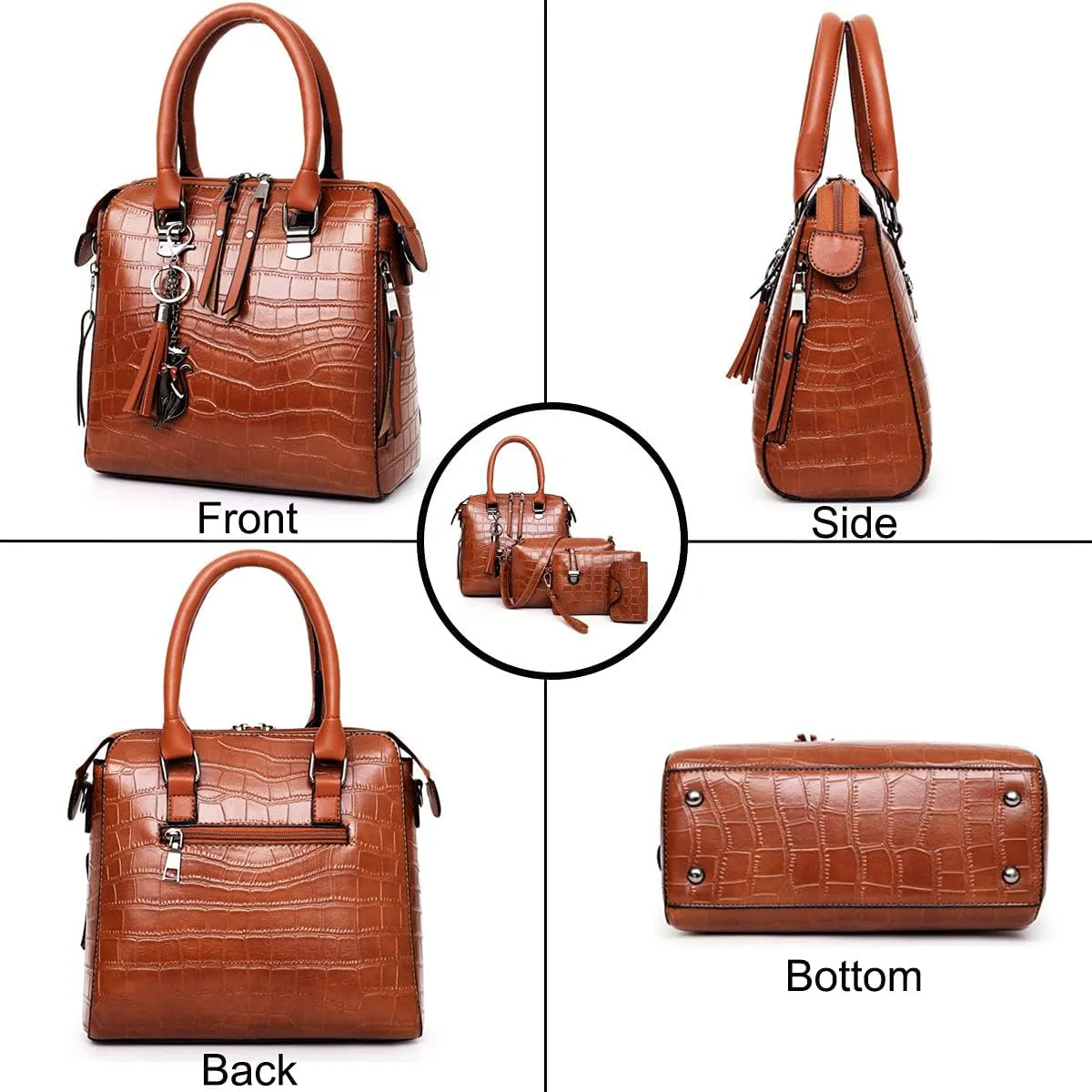 Women Fashion Handbags Tassel Pendant Wallet Tote Bag Shoulder Bag Top Handle Satchel Purse Set 4pcs(Blue)