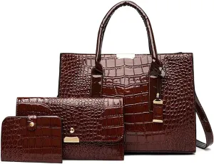 Women Handbag PU Leather Crocodile Leather Wallet Card Hold Shoulder Bag Purse 3 Pcs Set