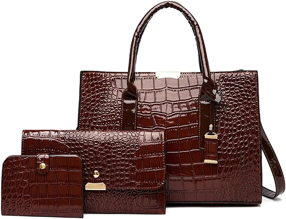 Women Handbag PU Leather Crocodile Leather Wallet Card Hold Shoulder Bag Purse 3 Pcs Set