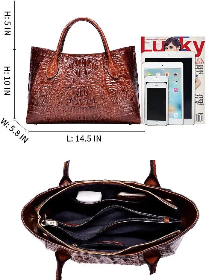 Women Handbags Crocodile Purse Designer Top Handle Satchel Handbags For Women (5002A, Brown)
