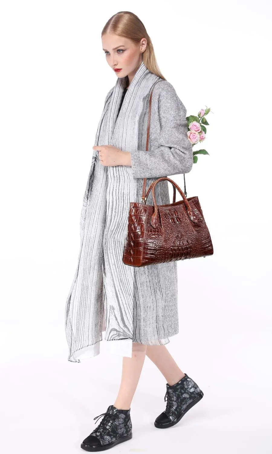 Women Handbags Crocodile Purse Designer Top Handle Satchel Handbags For Women (5002A, Brown)