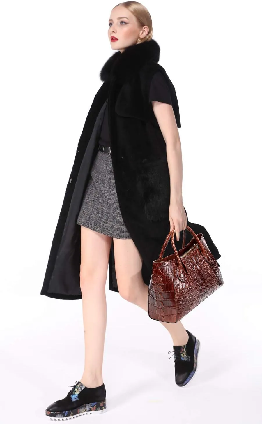 Women Handbags Crocodile Purse Designer Top Handle Satchel Handbags For Women (5002A, Brown)