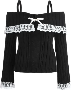 Women Kawaii Coquette Cold Shoulder Sweater Off Shoulder Contrast Lace Bow Front Cute Y2k Knitted Pullover Sweater