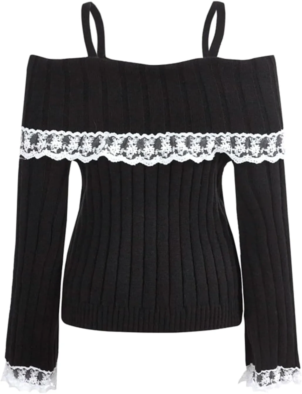 Women Kawaii Coquette Cold Shoulder Sweater Off Shoulder Contrast Lace Bow Front Cute Y2k Knitted Pullover Sweater