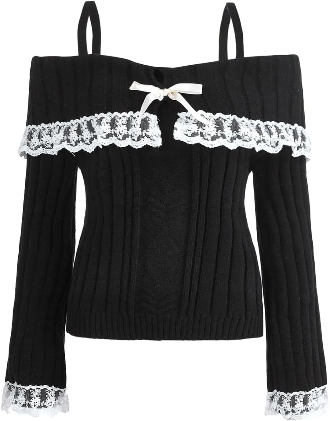 Women Kawaii Coquette Cold Shoulder Sweater Off Shoulder Contrast Lace Bow Front Cute Y2k Knitted Pullover Sweater