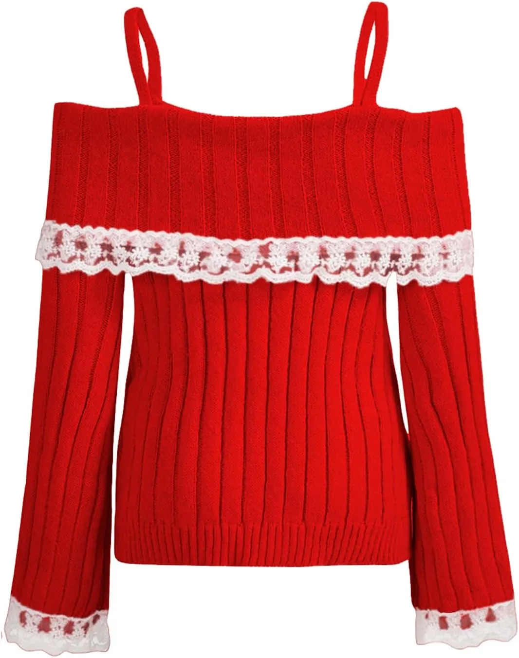 Women Kawaii Coquette Cold Shoulder Sweater Off Shoulder Contrast Lace Bow Front Cute Y2k Knitted Pullover Sweater