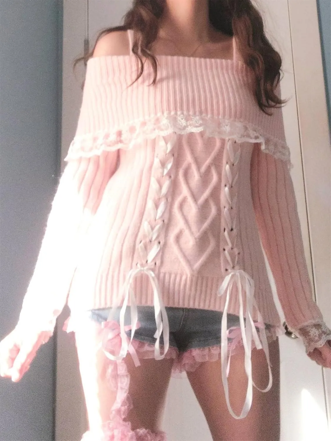 Women Kawaii Coquette Cold Shoulder Sweater Off Shoulder Contrast Lace Bow Front Cute Y2k Knitted Pullover Sweater