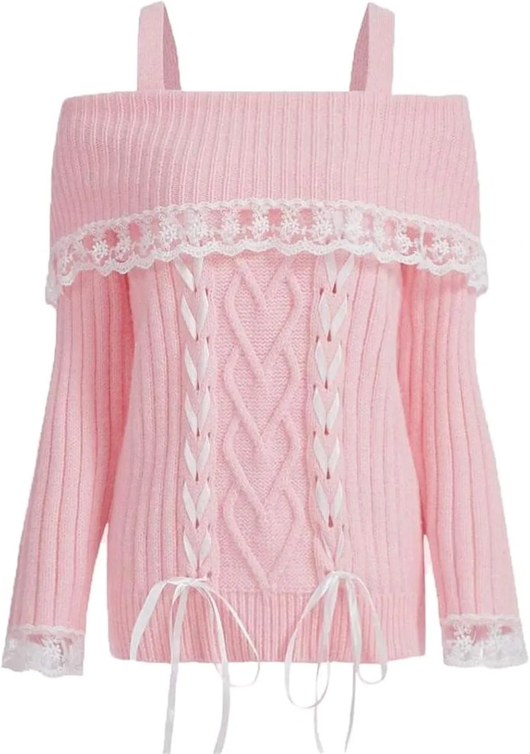 Women Kawaii Coquette Cold Shoulder Sweater Off Shoulder Contrast Lace Bow Front Cute Y2k Knitted Pullover Sweater