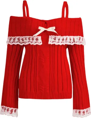 Women Kawaii Coquette Cold Shoulder Sweater Off Shoulder Contrast Lace Bow Front Cute Y2k Knitted Pullover Sweater