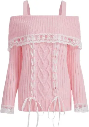 Women Kawaii Coquette Cold Shoulder Sweater Off Shoulder Contrast Lace Bow Front Cute Y2k Knitted Pullover Sweater