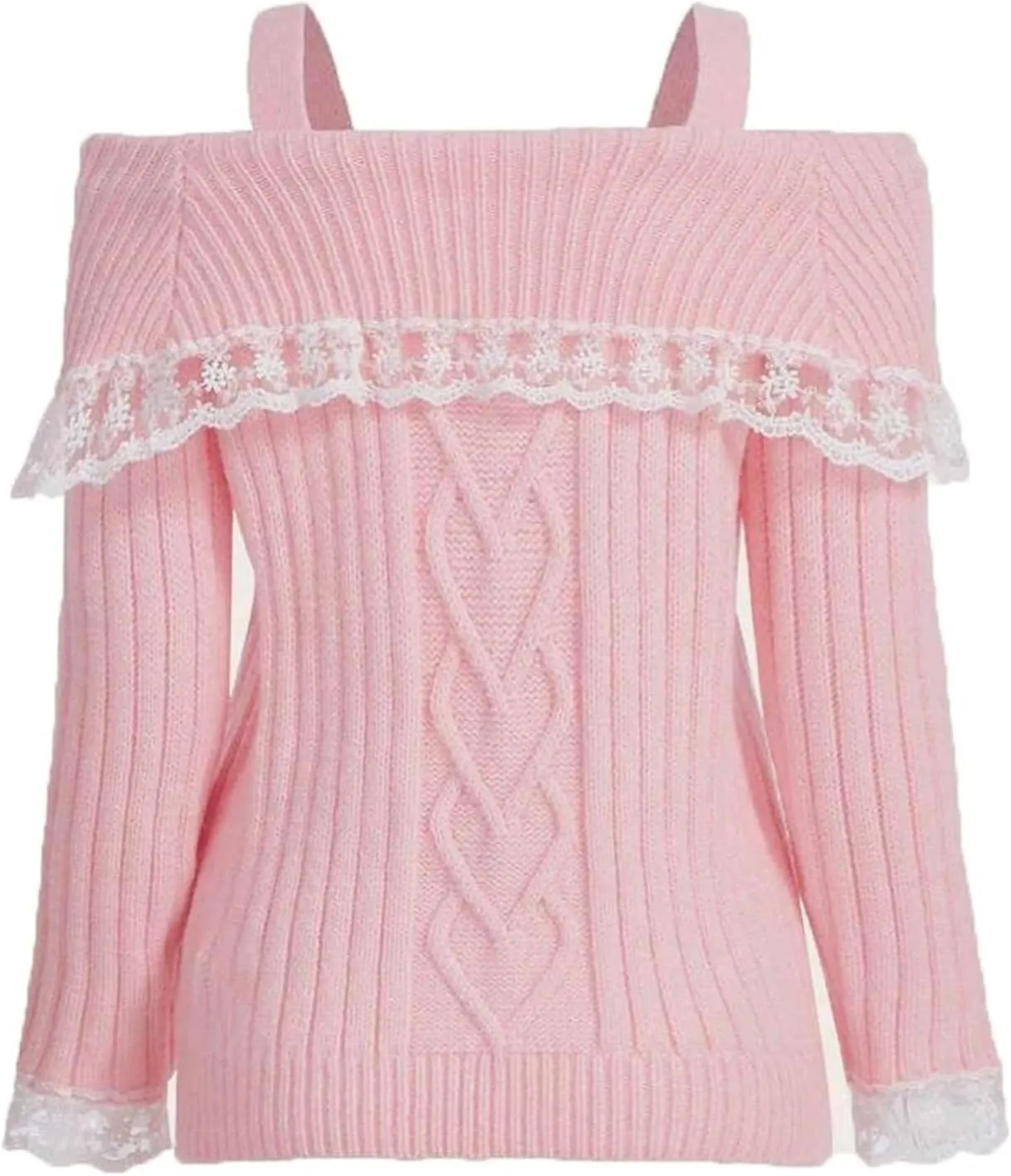 Women Kawaii Coquette Cold Shoulder Sweater Off Shoulder Contrast Lace Bow Front Cute Y2k Knitted Pullover Sweater