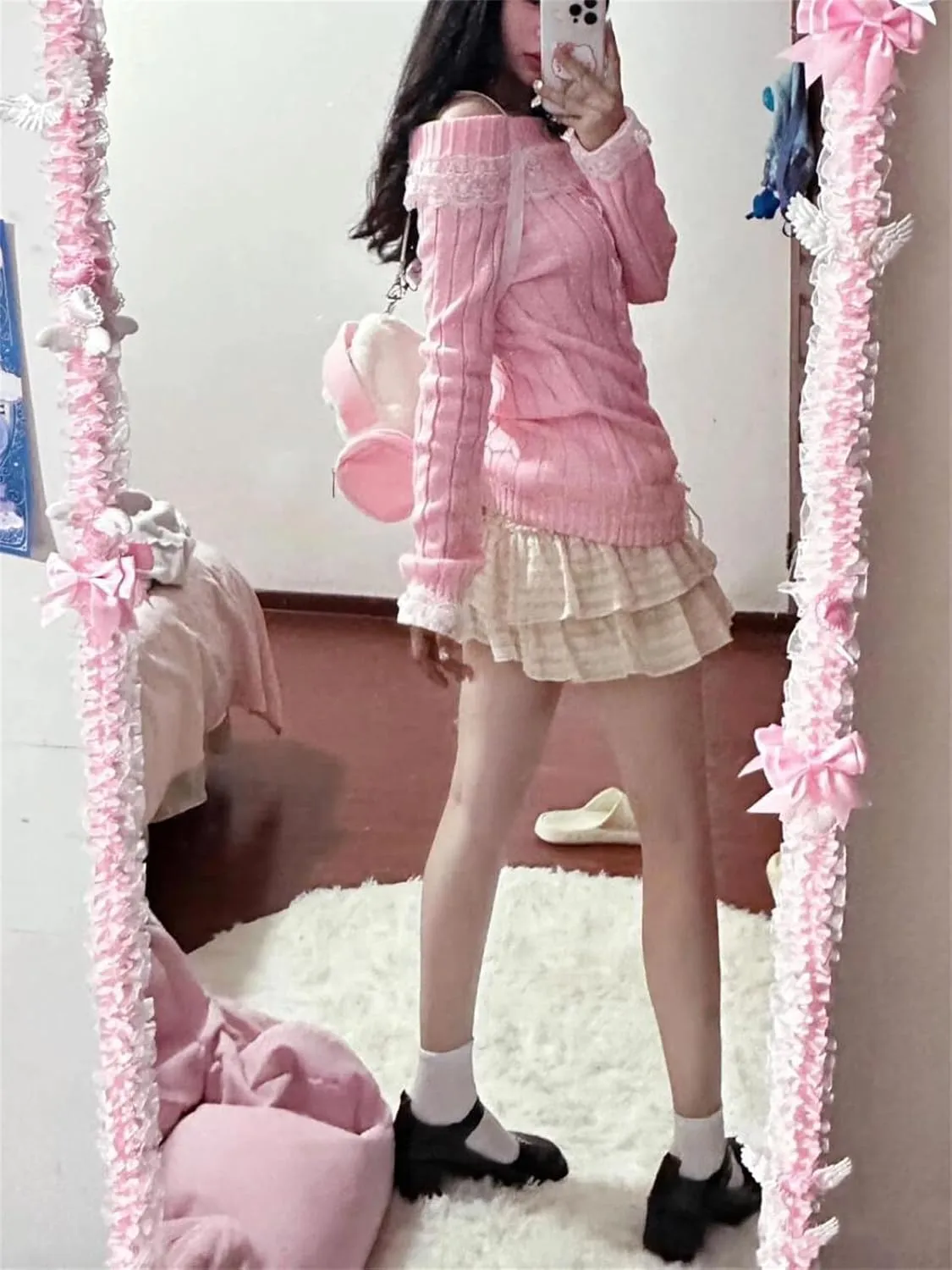 Women Kawaii Coquette Cold Shoulder Sweater Off Shoulder Contrast Lace Bow Front Cute Y2k Knitted Pullover Sweater
