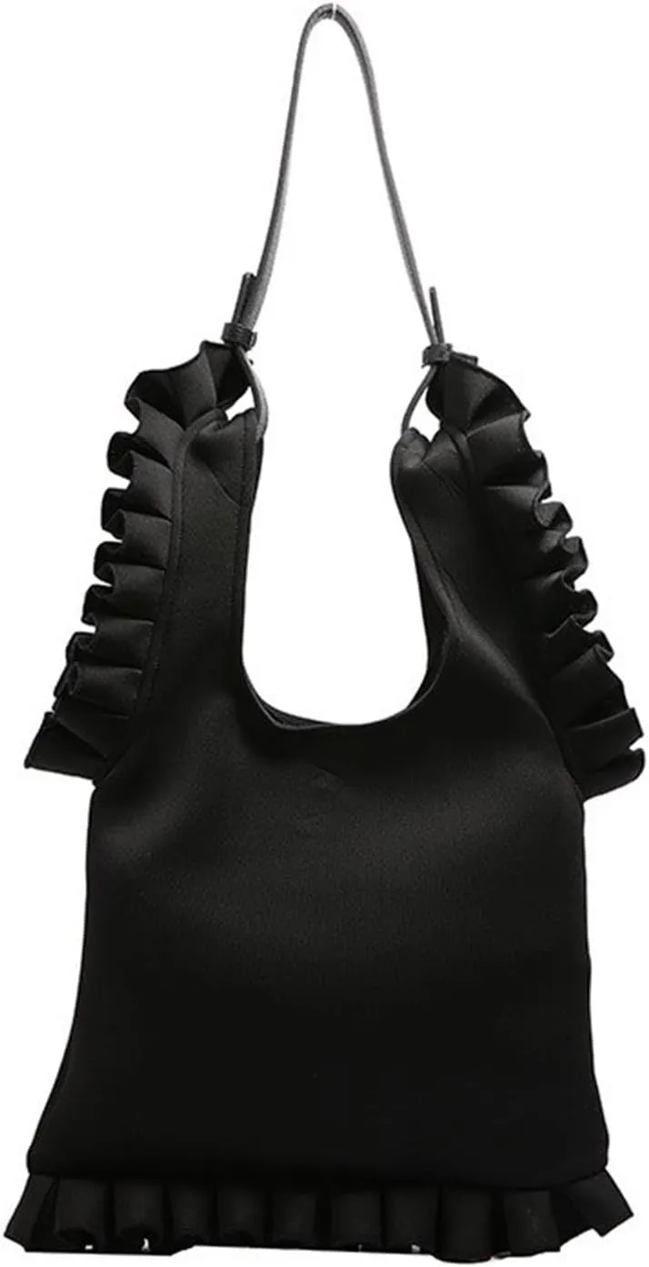 Women Korean Style Fashion Pleated Ruffle Trim Underarm Bag Bright Solid Color Large Capacity Shoulder Bag Handbag Purse
