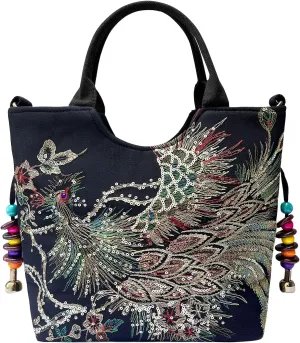 Women ladies fashion canvas embroidery ethnic style peacock zipper backpack