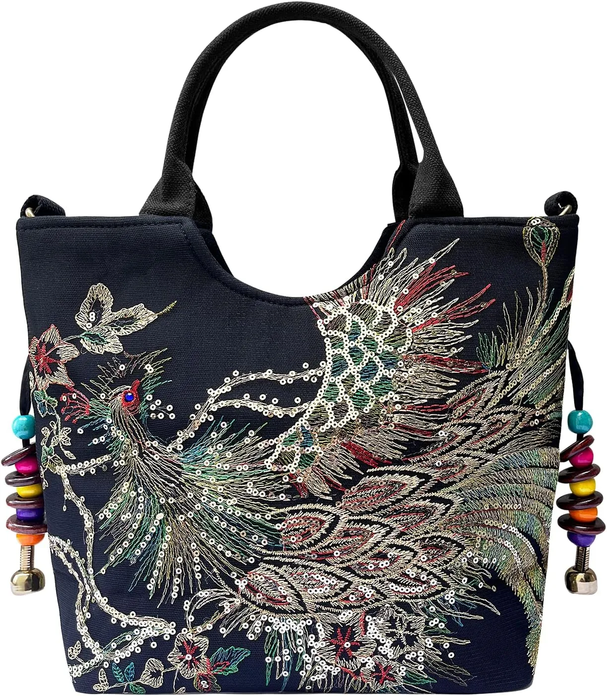 Women ladies fashion canvas embroidery ethnic style peacock zipper backpack