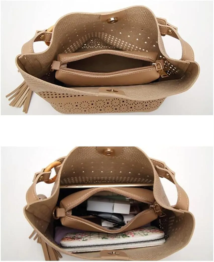 Women Soft Synthetic PU Leather Hollow Shoulder Messenger Crossbody Tassel Handbag Lady Tote Satchel Hobo