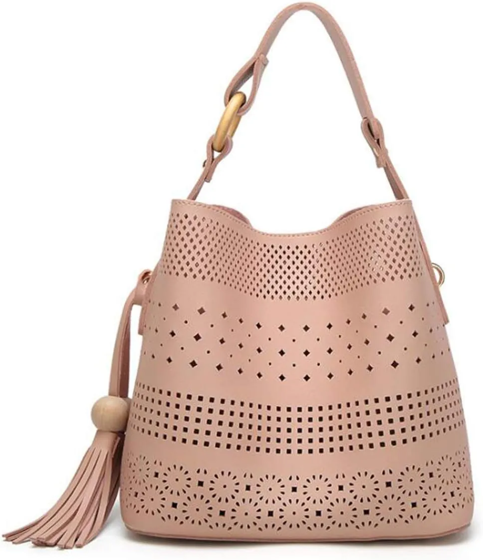 Women Soft Synthetic PU Leather Hollow Shoulder Messenger Crossbody Tassel Handbag Lady Tote Satchel Hobo