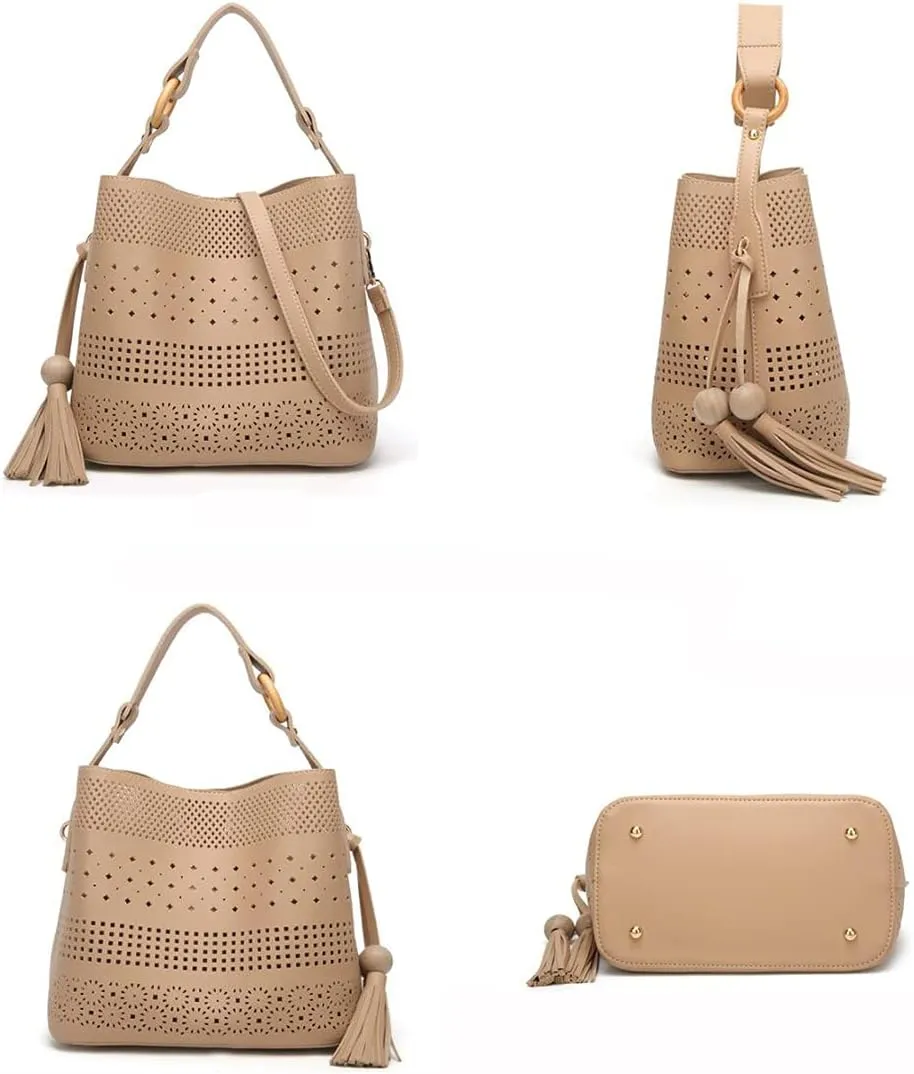 Women Soft Synthetic PU Leather Hollow Shoulder Messenger Crossbody Tassel Handbag Lady Tote Satchel Hobo