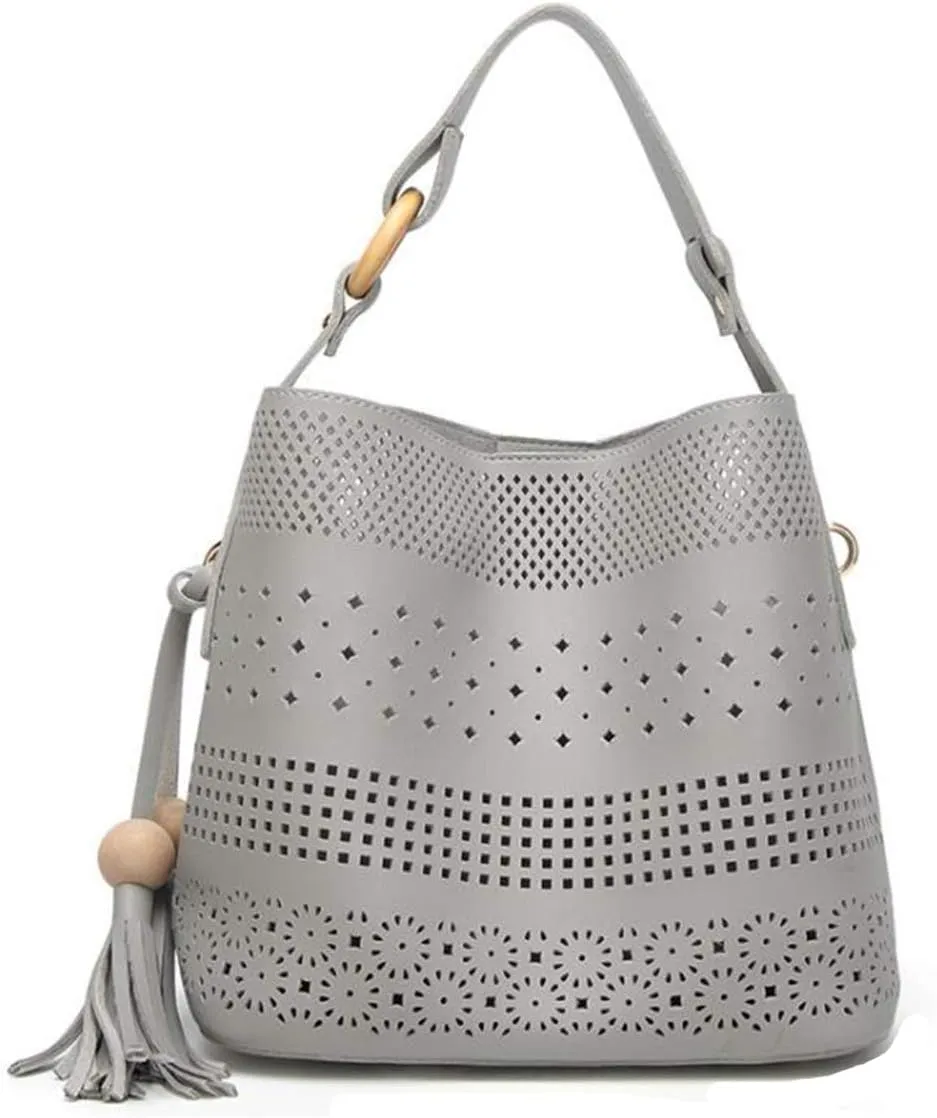 Women Soft Synthetic PU Leather Hollow Shoulder Messenger Crossbody Tassel Handbag Lady Tote Satchel Hobo