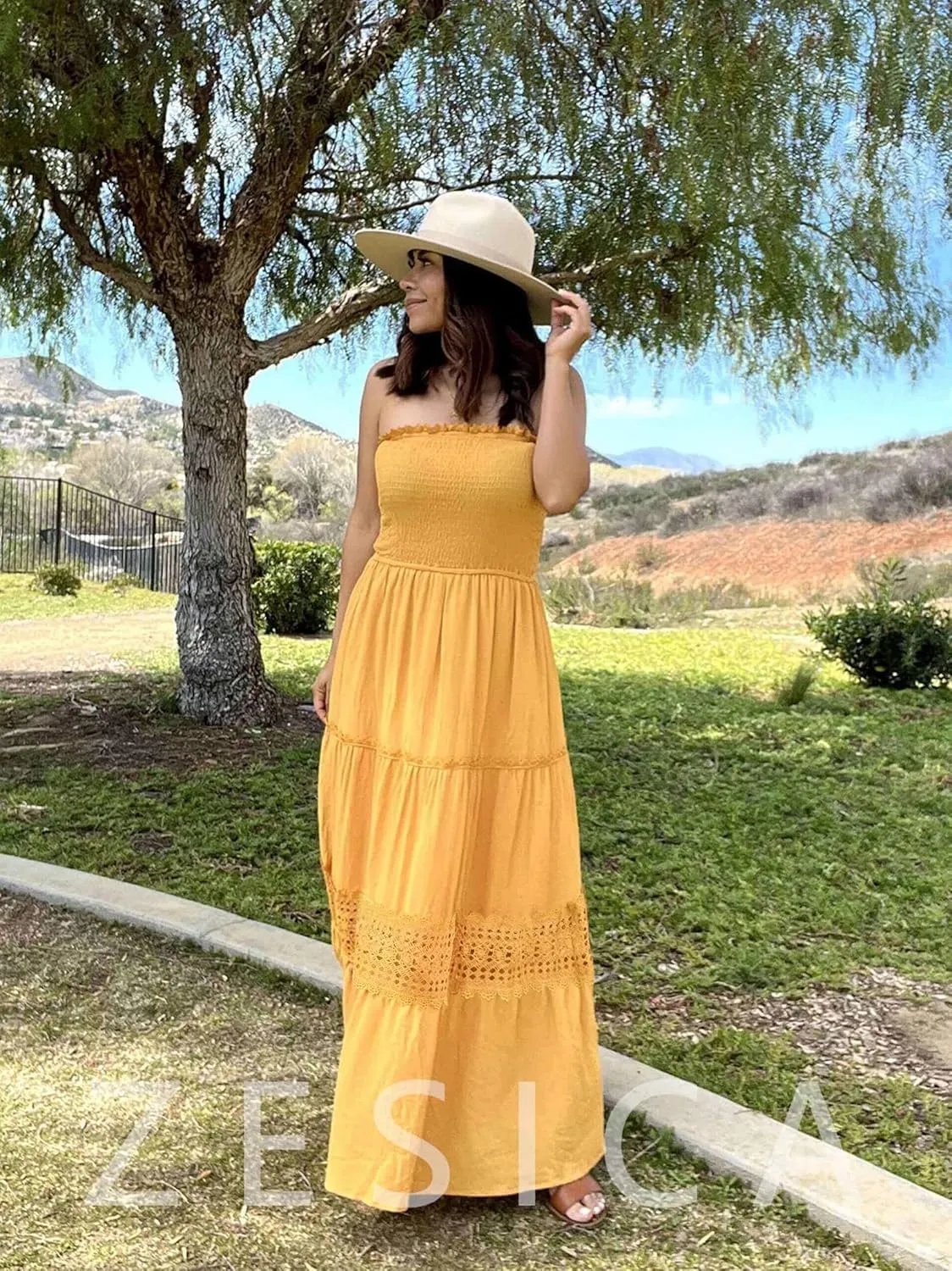 Women's 2025 Summer Bohemian Strapless Off Shoulder Lace Trim Backless Flowy A Line Beach Long Maxi Dress