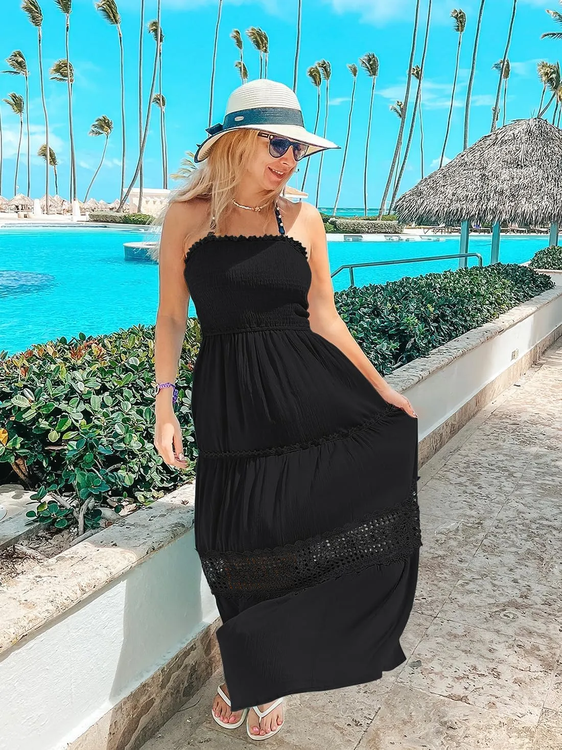 Women's 2025 Summer Bohemian Strapless Off Shoulder Lace Trim Backless Flowy A Line Beach Long Maxi Dress