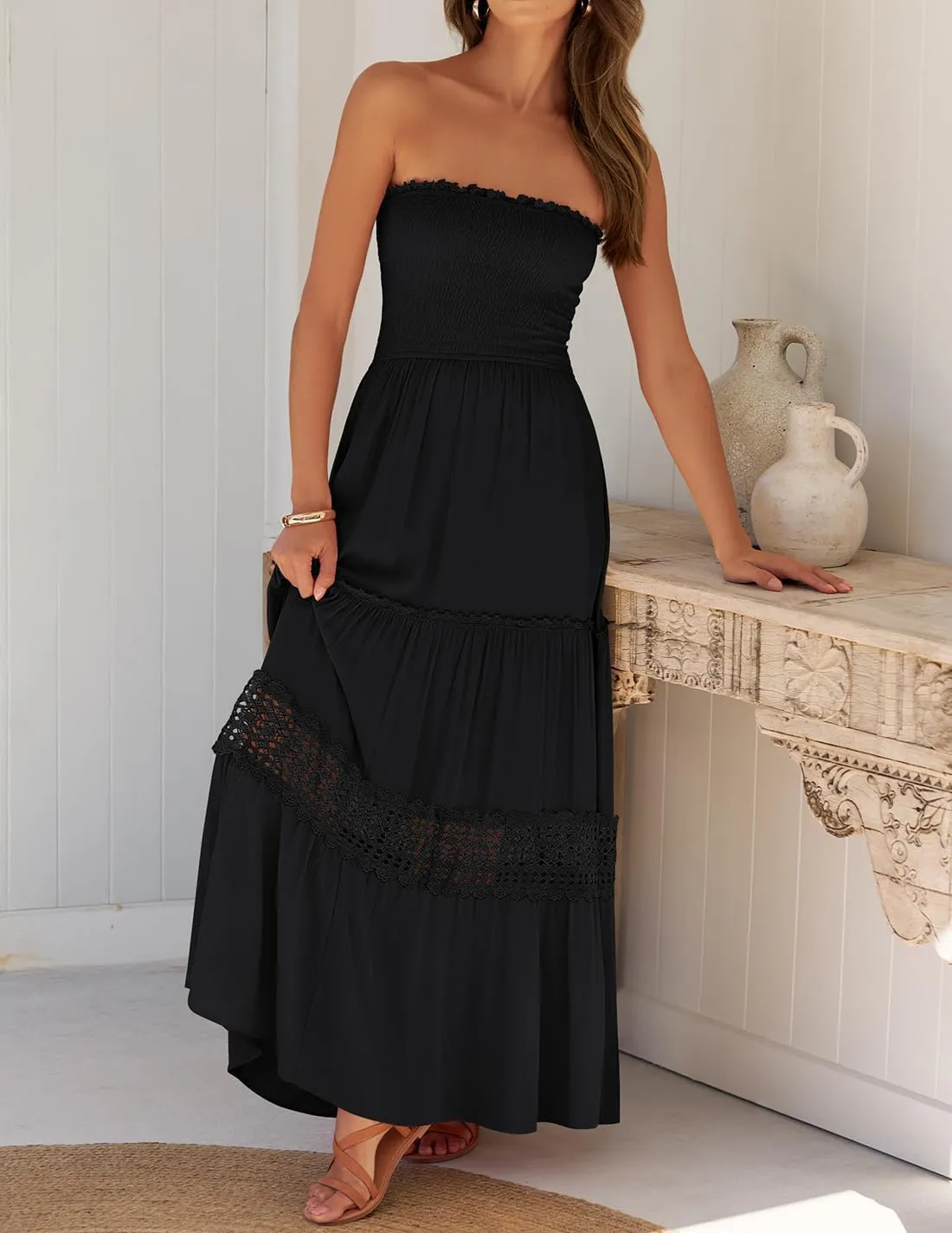 Women's 2025 Summer Bohemian Strapless Off Shoulder Lace Trim Backless Flowy A Line Beach Long Maxi Dress