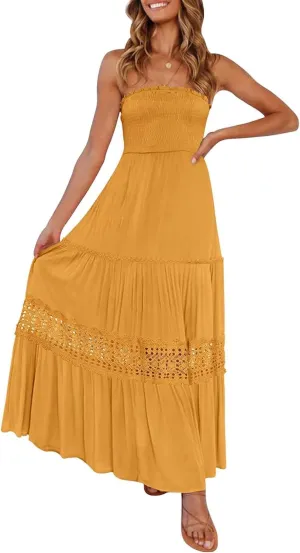 Women's 2025 Summer Bohemian Strapless Off Shoulder Lace Trim Backless Flowy A Line Beach Long Maxi Dress