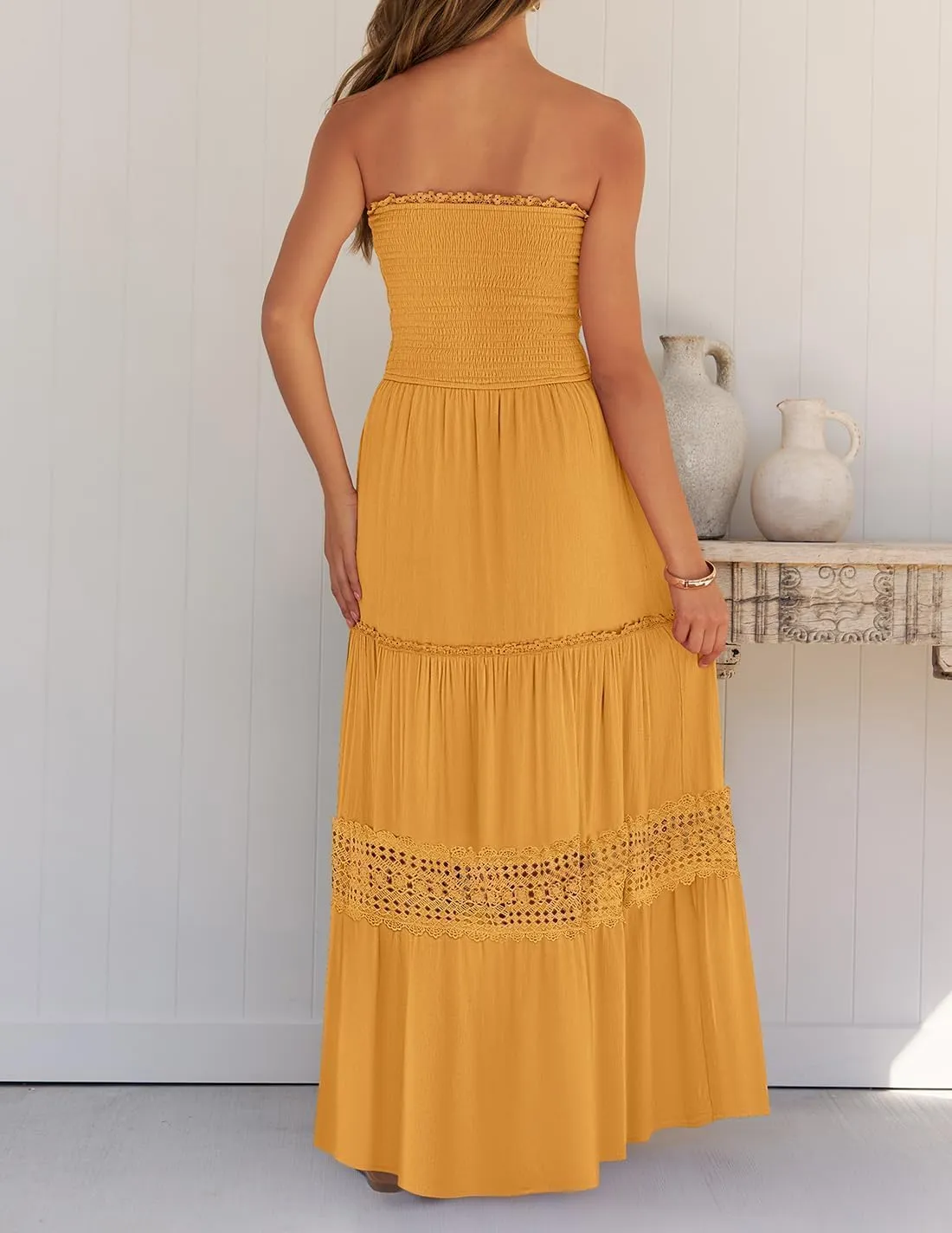 Women's 2025 Summer Bohemian Strapless Off Shoulder Lace Trim Backless Flowy A Line Beach Long Maxi Dress