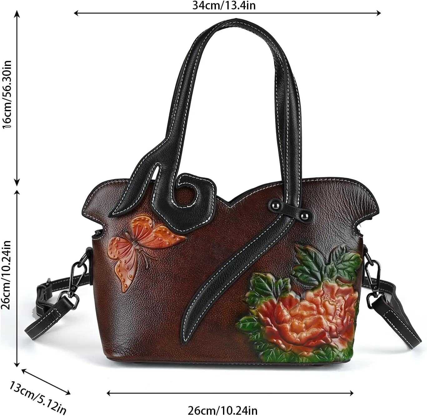 Women's Bag - Real Women's Leather Handbag - Handmade, Unique Embossed Cowhide, Floral Design, Vintage Tote
