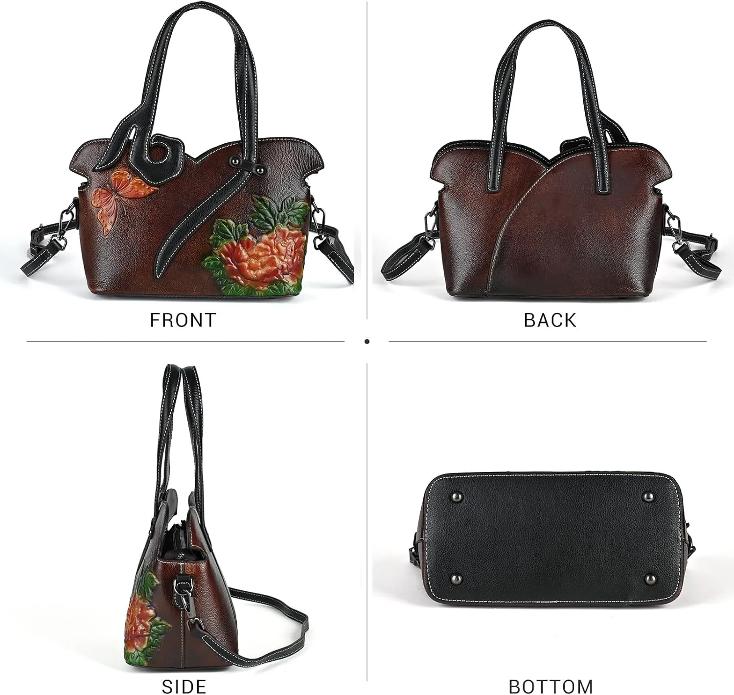 Women's Bag - Real Women's Leather Handbag - Handmade, Unique Embossed Cowhide, Floral Design, Vintage Tote