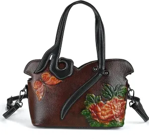 Women's Bag - Real Women's Leather Handbag - Handmade, Unique Embossed Cowhide, Floral Design, Vintage Tote