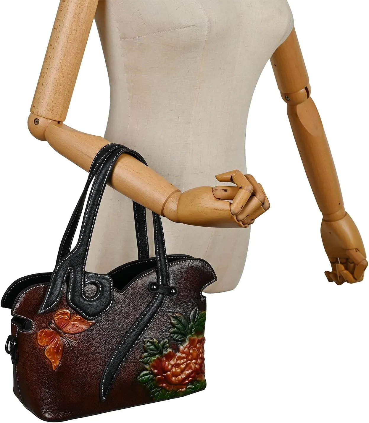 Women's Bag - Real Women's Leather Handbag - Handmade, Unique Embossed Cowhide, Floral Design, Vintage Tote