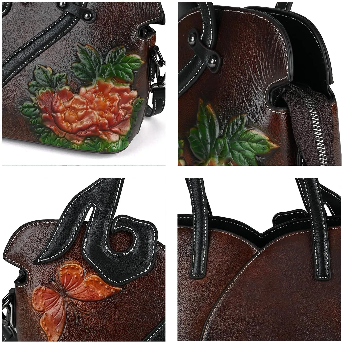 Women's Bag - Real Women's Leather Handbag - Handmade, Unique Embossed Cowhide, Floral Design, Vintage Tote