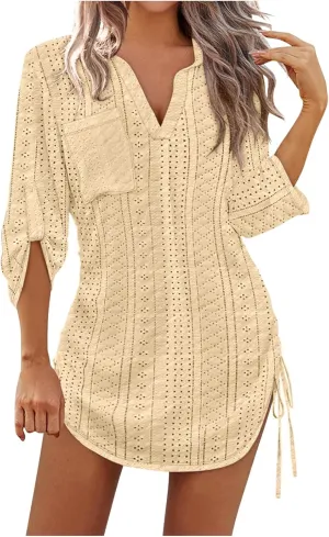 Women's Casual Mini Skirts Knit Hollow Out Long Sleeve Lapel Dress Side Stretch Bandage Short Dresses Outdoor Daily