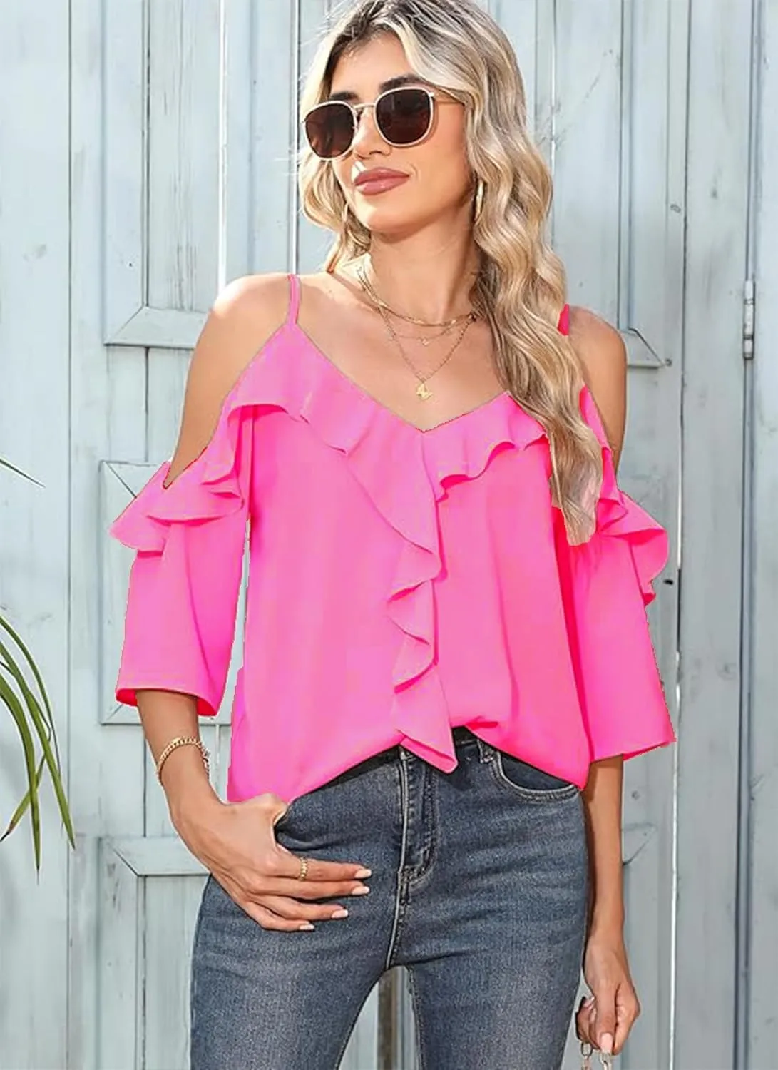 Women's Cold Shoulder Blouses Ruffle Dressy Casual 3/4 Sleeve Chiffon Tops Flowy Adjustable Strap Summer Shirt