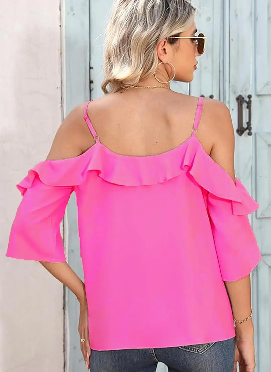 Women's Cold Shoulder Blouses Ruffle Dressy Casual 3/4 Sleeve Chiffon Tops Flowy Adjustable Strap Summer Shirt