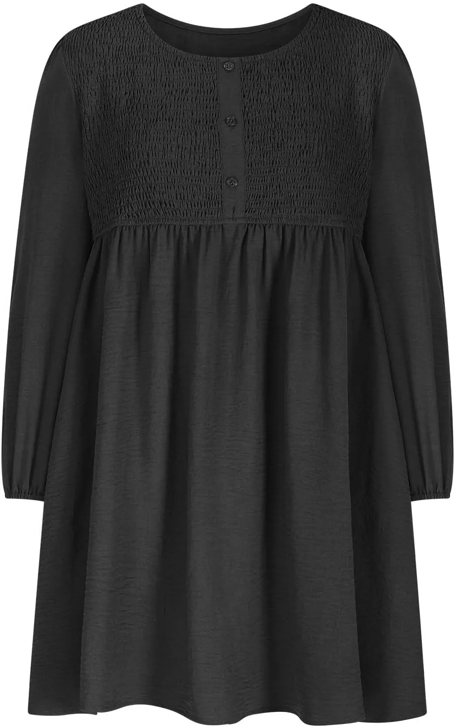 Womens Fall Fashion 2024 Dresses Causal Dressy Long Sleeve Smocked Crewneck Button Up Empire Waist A-Line Mini Dress