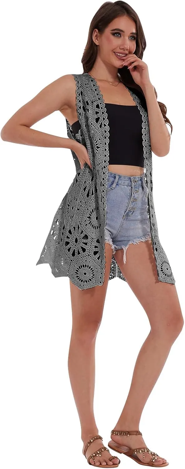 Womens Floral Crochet Lace Boho Trim Sleeveless Open Front Vest Cardigan