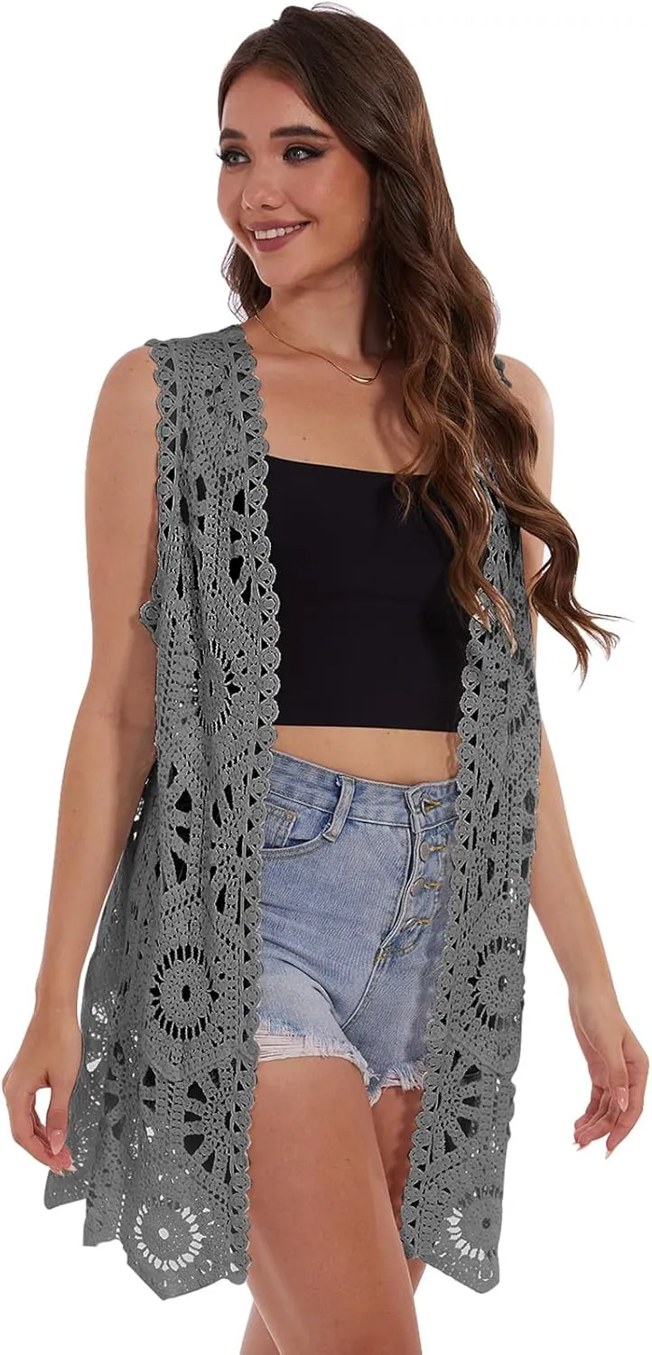 Womens Floral Crochet Lace Boho Trim Sleeveless Open Front Vest Cardigan