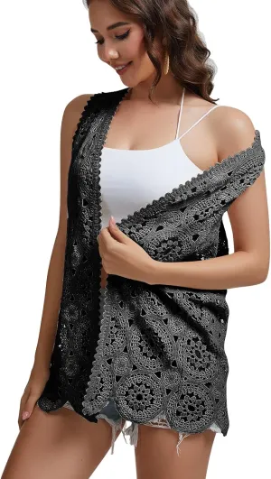 Womens Floral Crochet Lace Boho Trim Sleeveless Open Front Vest Cardigan